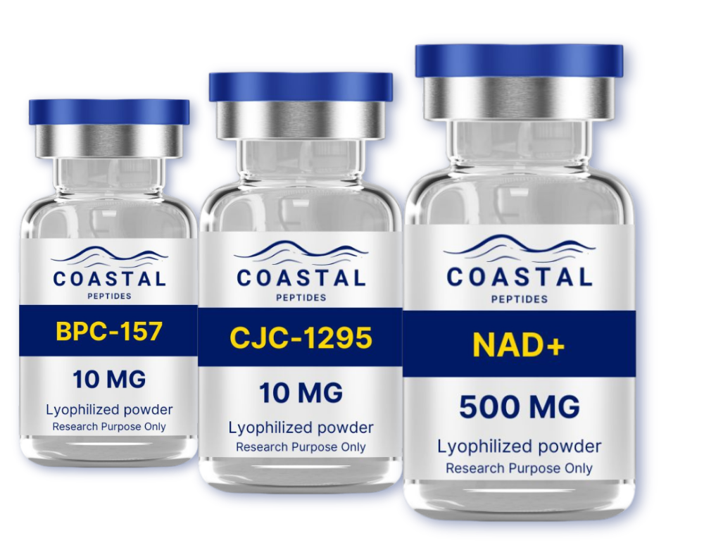 Coastal Peptides BPC-157 10 mg, NAD+ 500 mg, and CJC-1295 10 mg lyophilized research peptides.