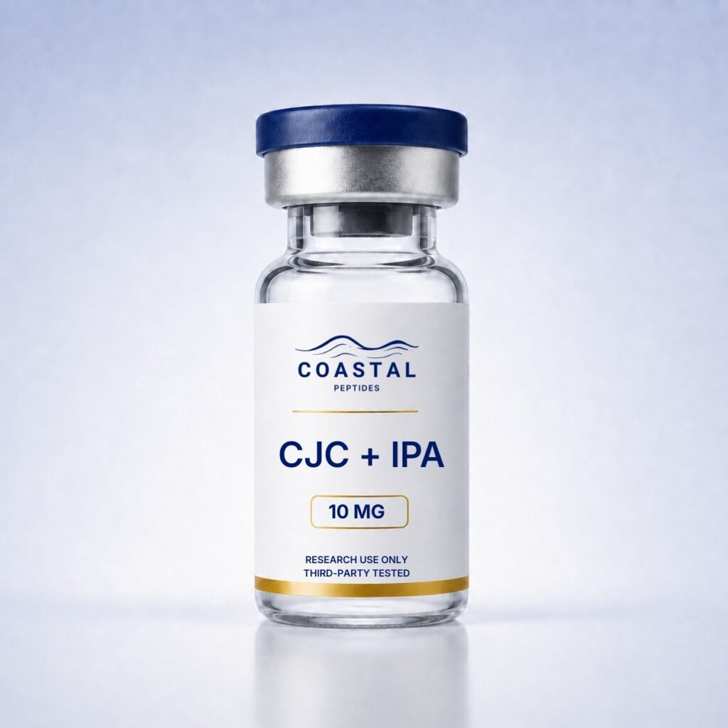 CJC-1295 and Ipamorelin blend 10mg research peptide vial, Coastal Peptides, third-party tested