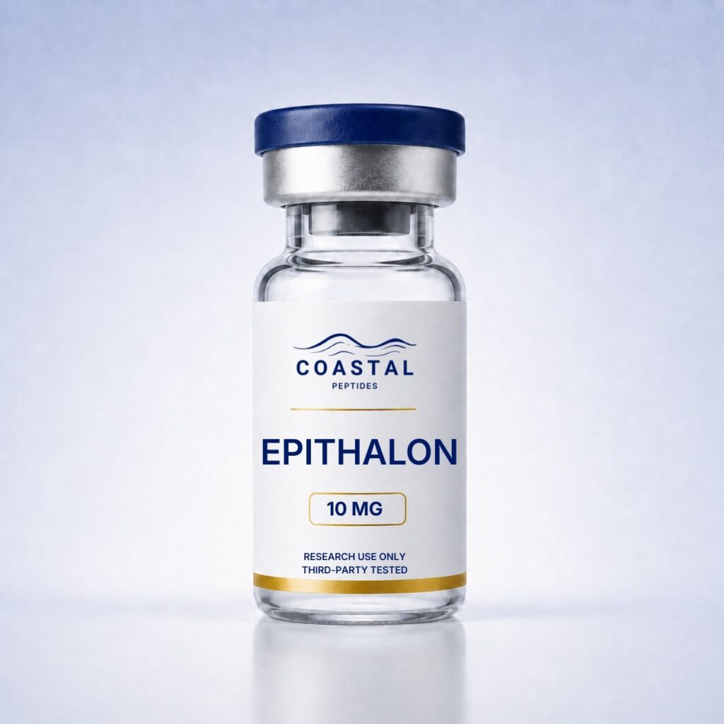 Epithalon 10mg research peptide vial, Coastal Peptides, lyophilized powder, third-party tested