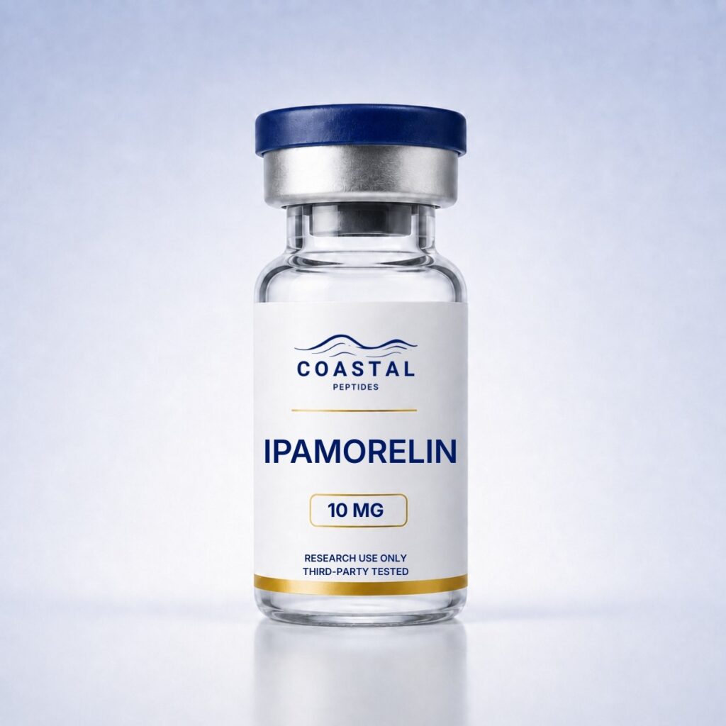 Ipamorelin 10mg research peptide vial, Coastal Peptides, lyophilized powder, third-party tested
